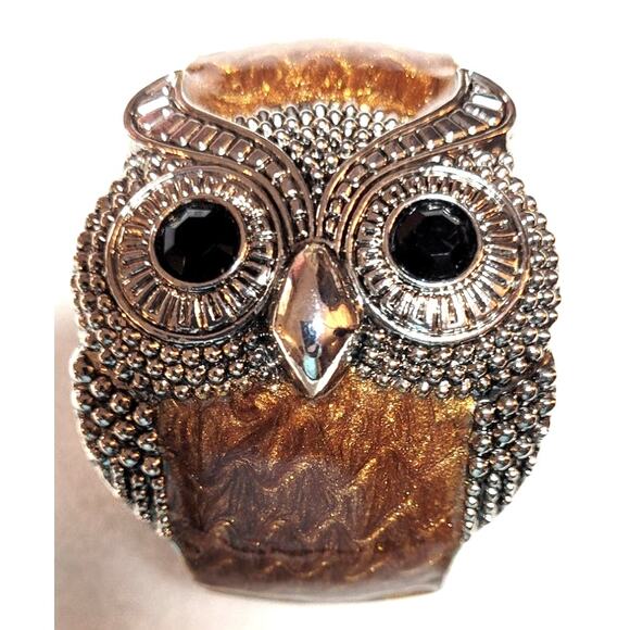 Wide Owl Statement Hinged Cuff Bracelet Brown Enamel Silvertone Metal Cabincore - Picture 3 of 8